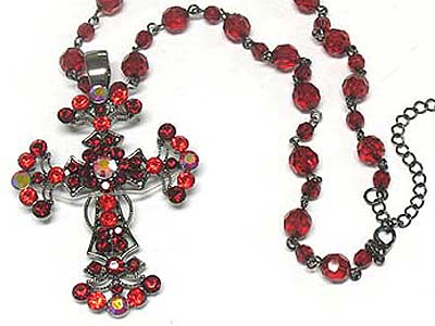 Crystal deco large metal cross pendant and acryl bead strand necklace