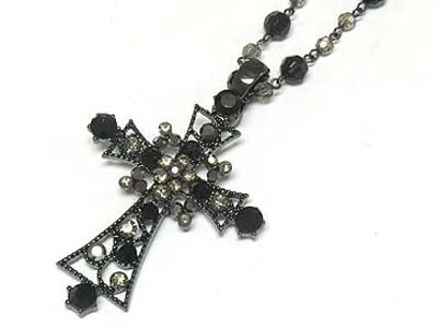 Crystal stone and acryl bead deco cross pendant necklace