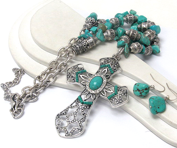Multi seed beads and center turquoise stone with crystal metal fashion cross drop multi natural stone and metal arrowhead chain necklace earring set