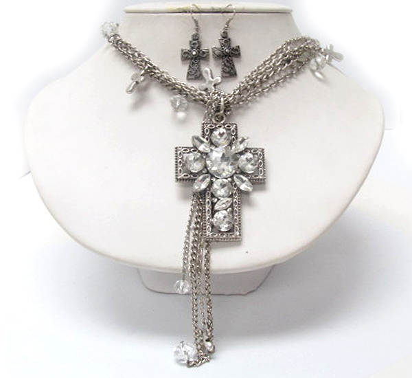Multi crystal and arrowhead crystal in metal cross on side cross with multi crystal glass drop multi chain dangle long chain necklace earring set