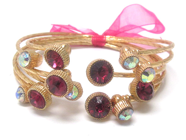 Multi size crystal deco with ribbon tied flexible metal bangle set of 6
