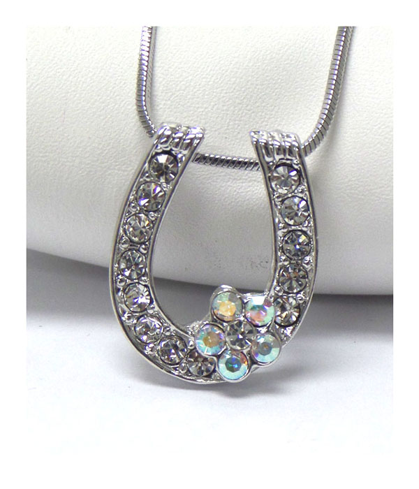 Made in korea whitegold plating crystal horseshoe and flower pendant necklace