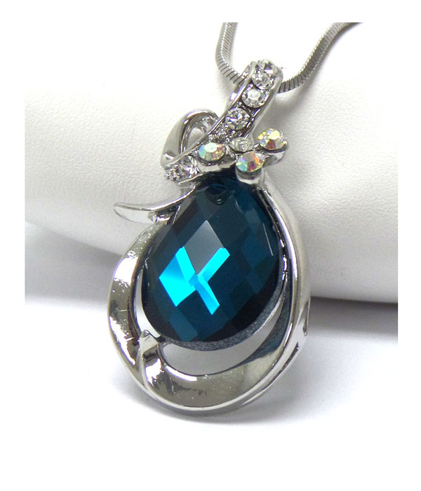 Made in korea whitegold plating crystal and facet teardrop stone center pendant necklace