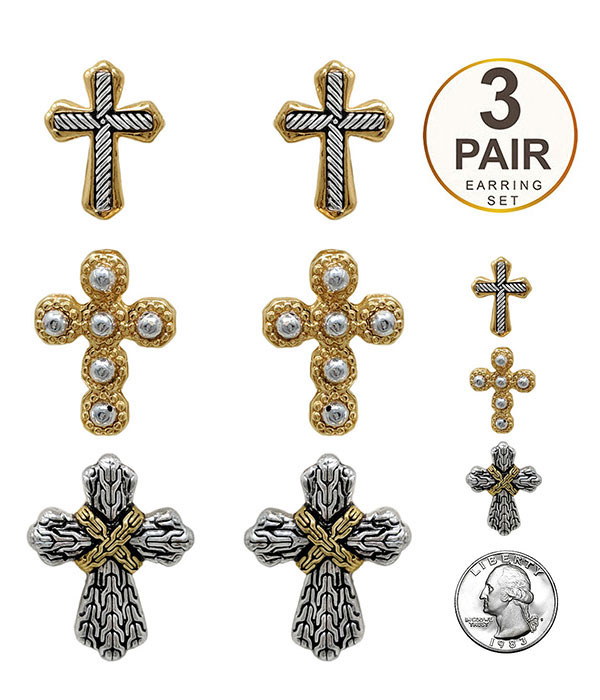 Designer textured 3 pair cross earring set