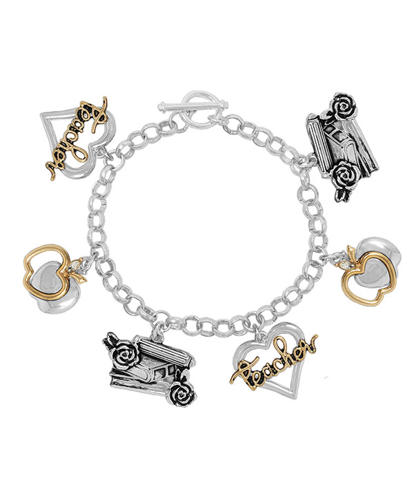 Teacher theme multi charm toggle bracelet