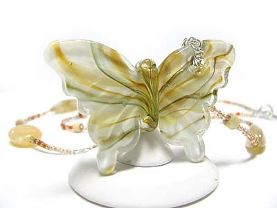 MURANO GLASS BUTTERFLY PENDANT SEED BEADS LONG NECKLACE