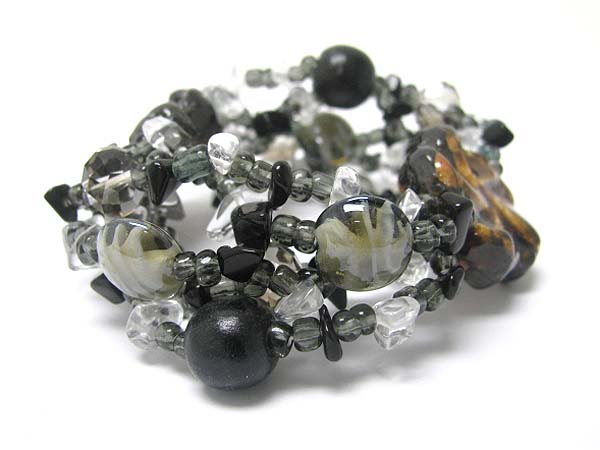 Ceramic flower and multi row mixed beads stretch bracelet