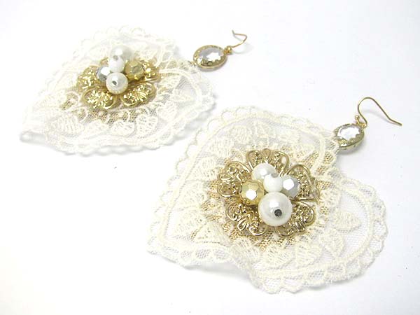 Metal and fabric mesh art heart earring