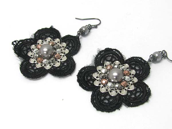 METAL AND FABRIC MESH ART FLOWER EARRING