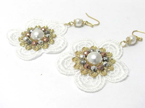 METAL AND FABRIC MESH ART FLOWER EARRING