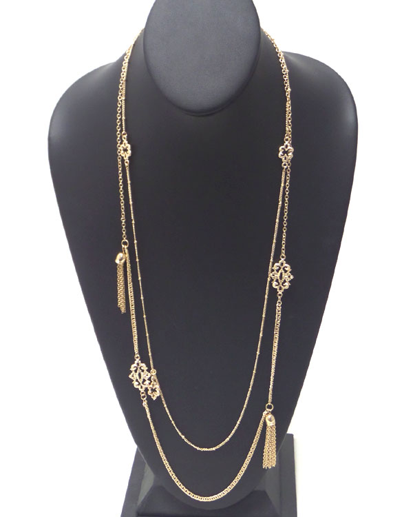 Multi metal filigree and chain tassel double layer long necklace