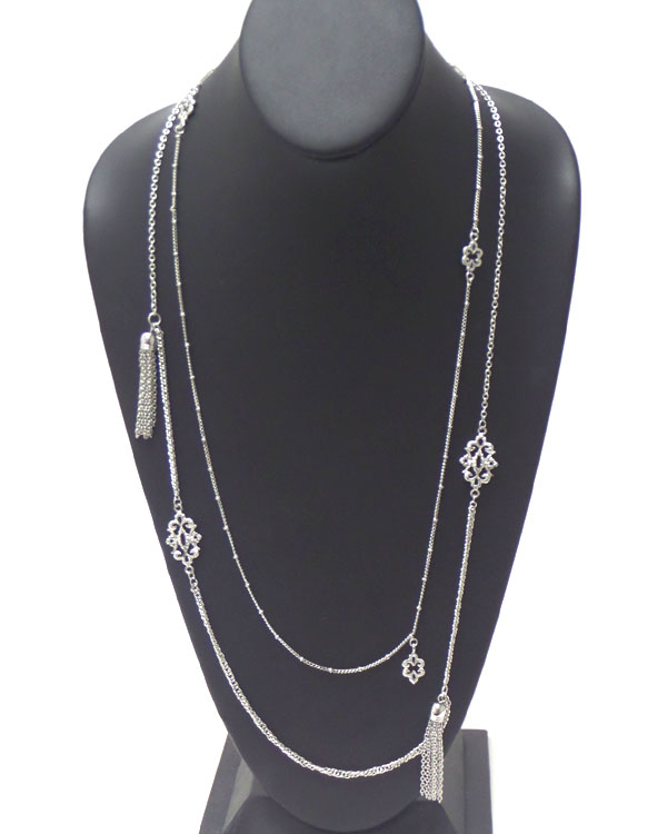 Multi metal filigree and chain tassel double layer long necklace