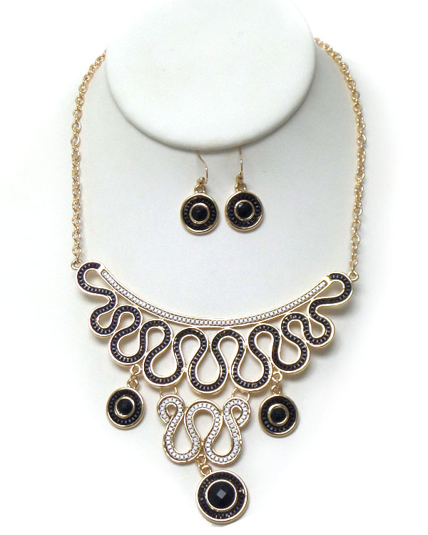 Painted tub chain on wavy metal filigree and crystal center disk drop statement necklace earring set