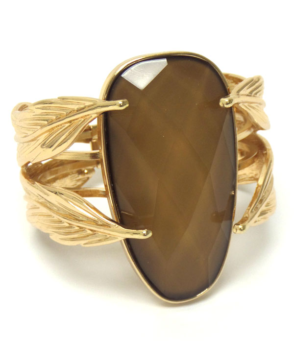 Metal fashion leaf and on top natural oval stone hinge bangle bracelet