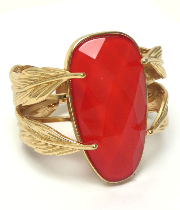 Metal fashion leaf and on top natural oval stone hinge bangle bracelet