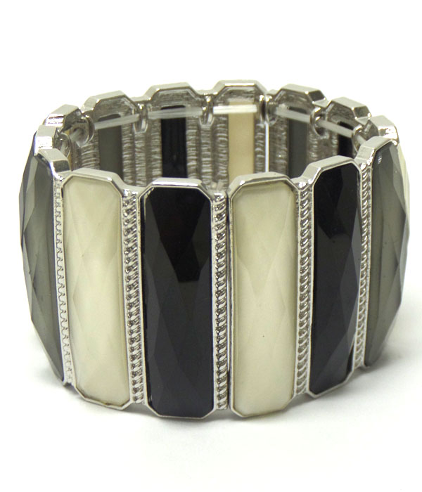 Textured metal multi rectangle pattern glass stone stretch bracelet