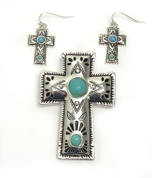 Navajo indian texture w/turquoise magnetic pendant set  -western