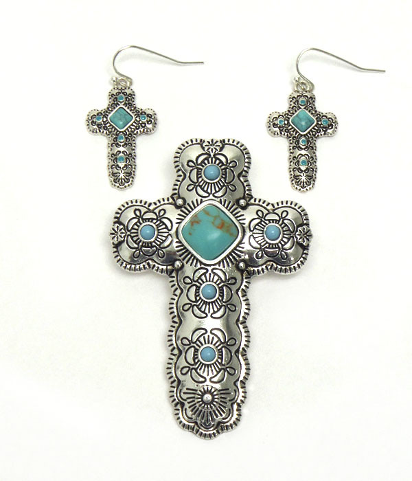 Navajo indian texture w/turquoise magnetic pendant set -western