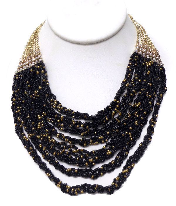 MULTI LAYER SEED BEADED W/CHAIN NECKLACE SET 