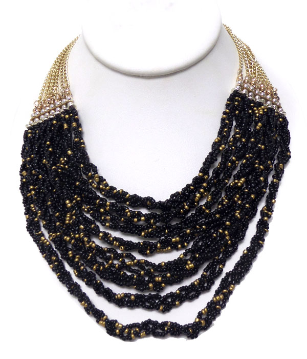 Multi layer seed beaded w/chain necklace set 