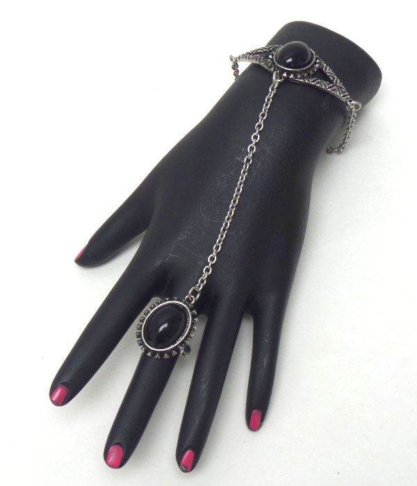 Tribal style black stone link bracelet and ring set