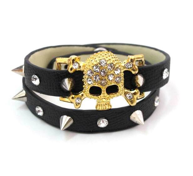 Punk spike skull leather wrapped bracelet
