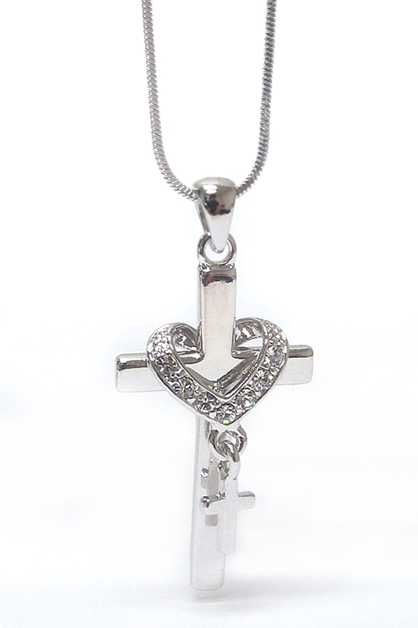 WHITEGOLD PLATING CRYSTAL HEART AND CROSS PENDANT NECKLACE -valentine