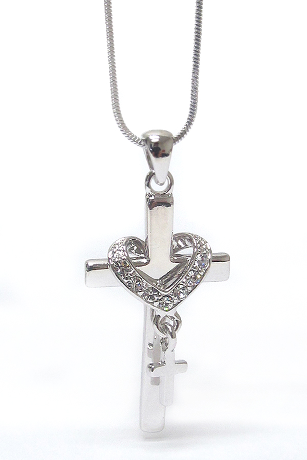 Made in korea whitegold plating crystal heart and cross pendant necklace -valentine