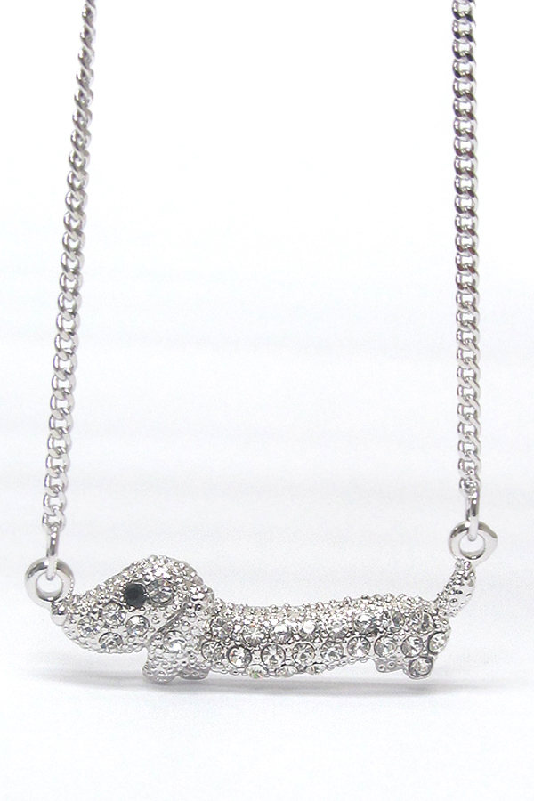 WHITEGOLD PLATING CRYSTAL STUD WEENIE DOG PENDANT NECKLACE