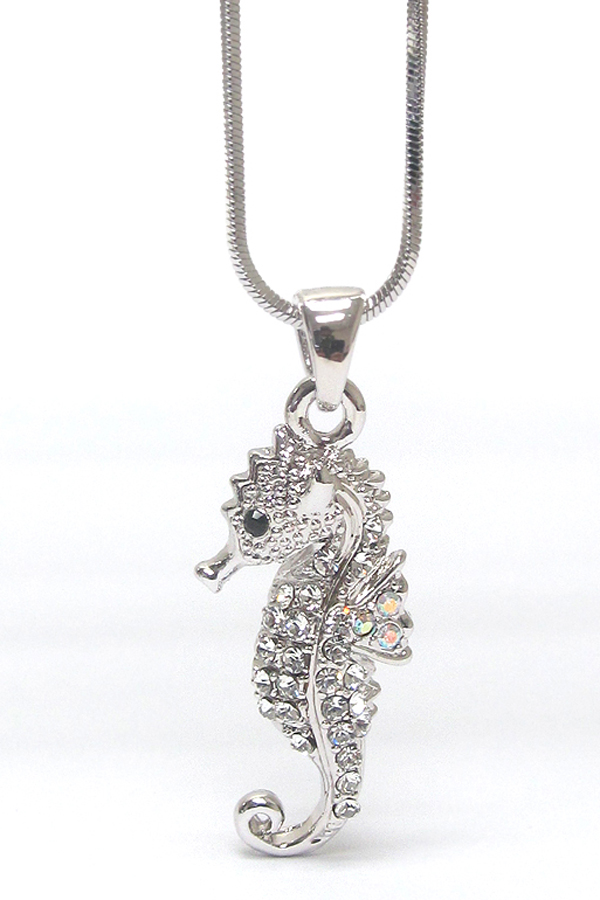 WHITEGOLD PLATING CRYSTAL SEAHORSE PENDANT NECKLACE