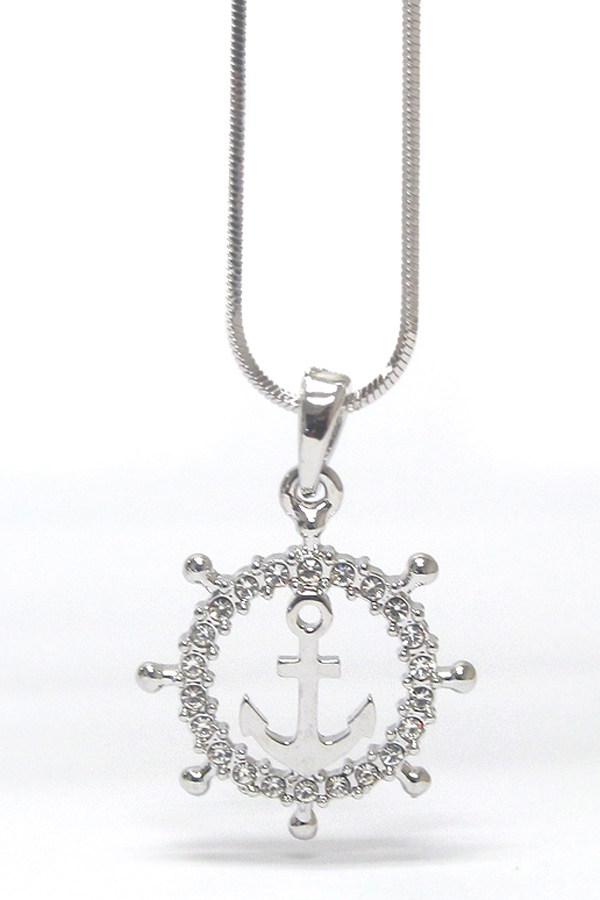 WHITEGOLD PLATING CRYSTAL MARINE ANCHOR PENDANT NECKLACE