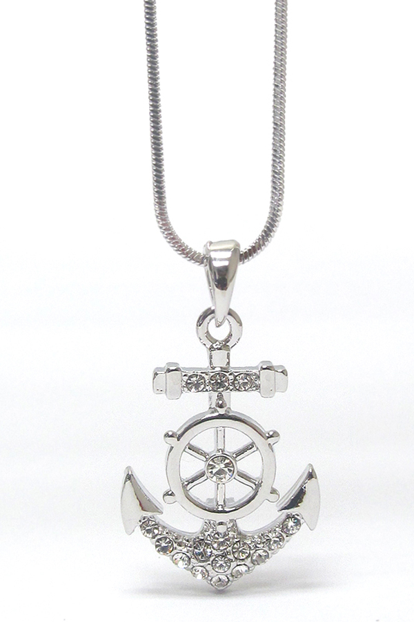 WHITEGOLD PLATING CRYSTAL ANCHOR AND STEERING WHEEL PENDANT NECKLACE