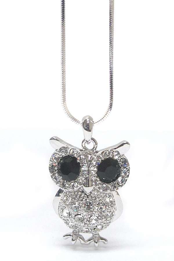 WHITEGOLD PLATING CRYSTAL BIG EYE OWL PENDANT NECKLACE