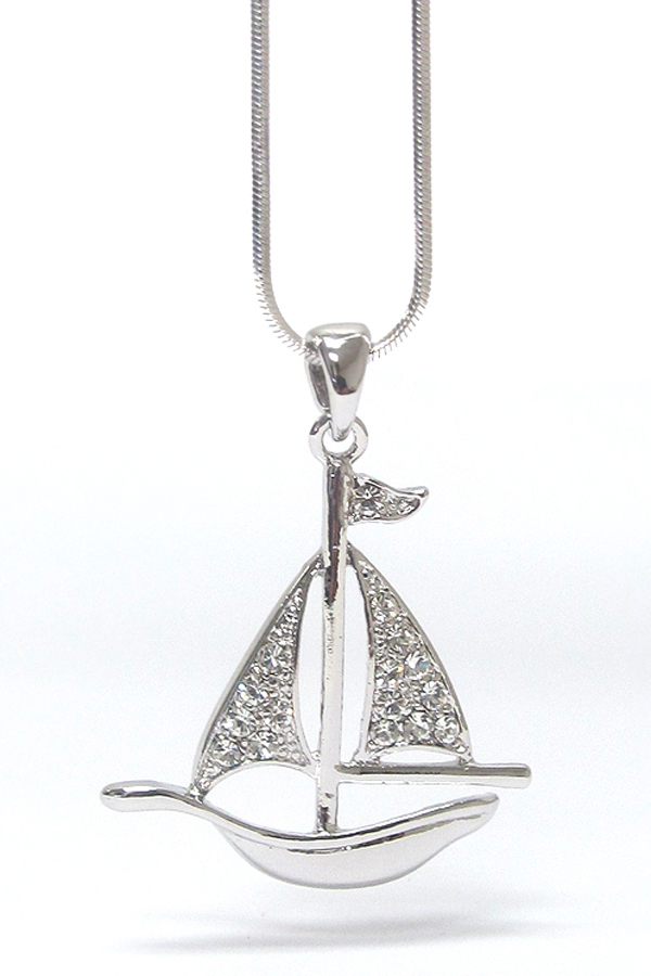 WHITEGOLD PLATING CRYSTAL STUD SAILBOAT PENDANT NECKLACE