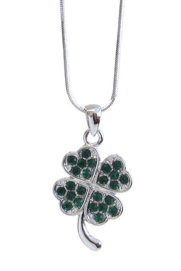 WHITEGOLD PLATING CRYSTAL STUD SAINT PATRICK SHAMROCK CLOVER PENDANT NECKLACE