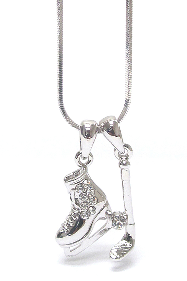 MADE IN KOREA WHITEGOLD PLATING CRYSTAL STUD ICE HOCKEY THEME DUAL PENDANT NECKALCE