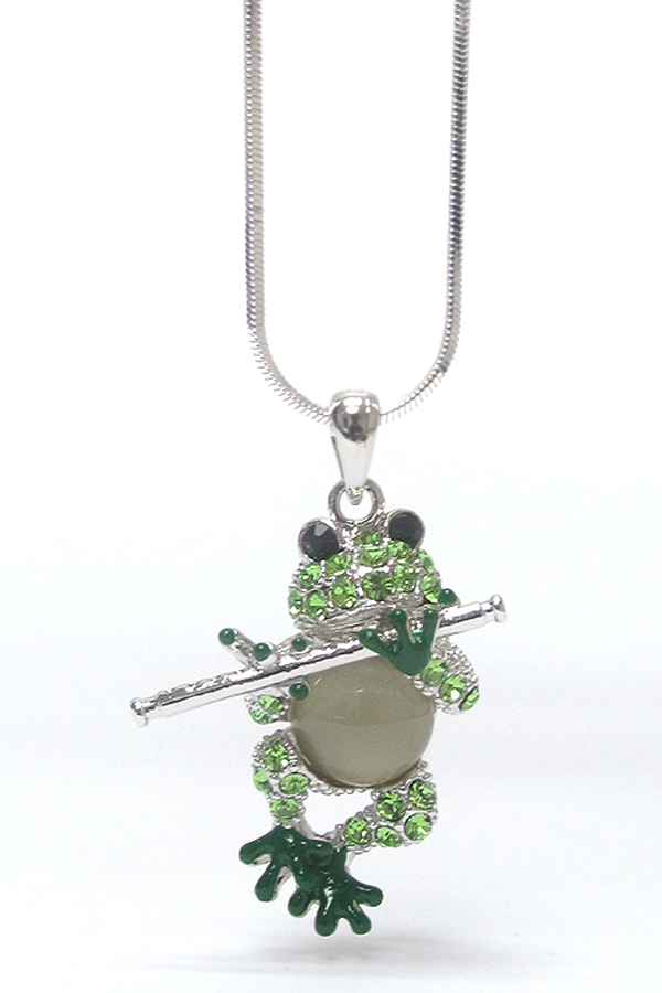 WHITEGOLD PLATING CRYSTAL FLUTE FROG PENDANT NECKLACE