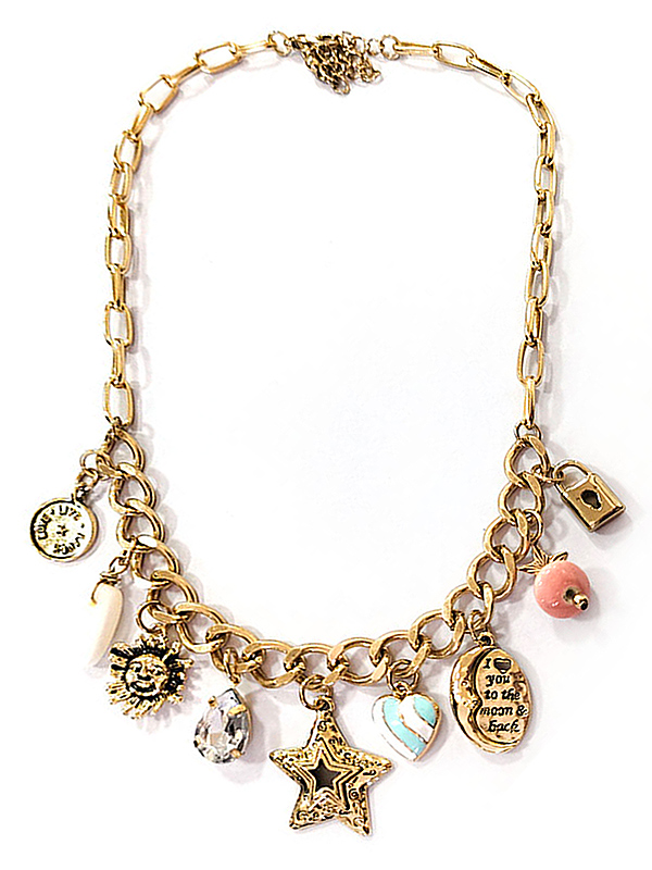 Multi vintage charm dangle necklace - moon star sun