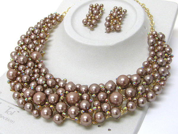 Luxurious austrian crystal line - multi crystal and pearl deco bib style necklace earring set