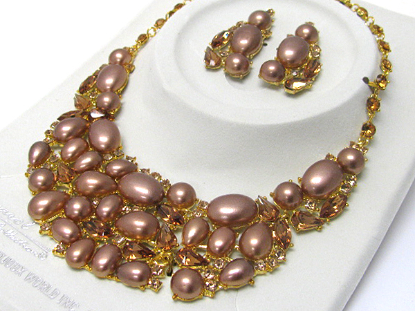 Luxurious austrian crystal line - multi crystal and pearl deco bib style necklace earring set