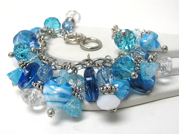 Murano glass and acrylic multi heart and ball charm dangle bracelet