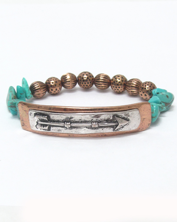 Arrow on plate and turquoise and metal ball stretch bracelet