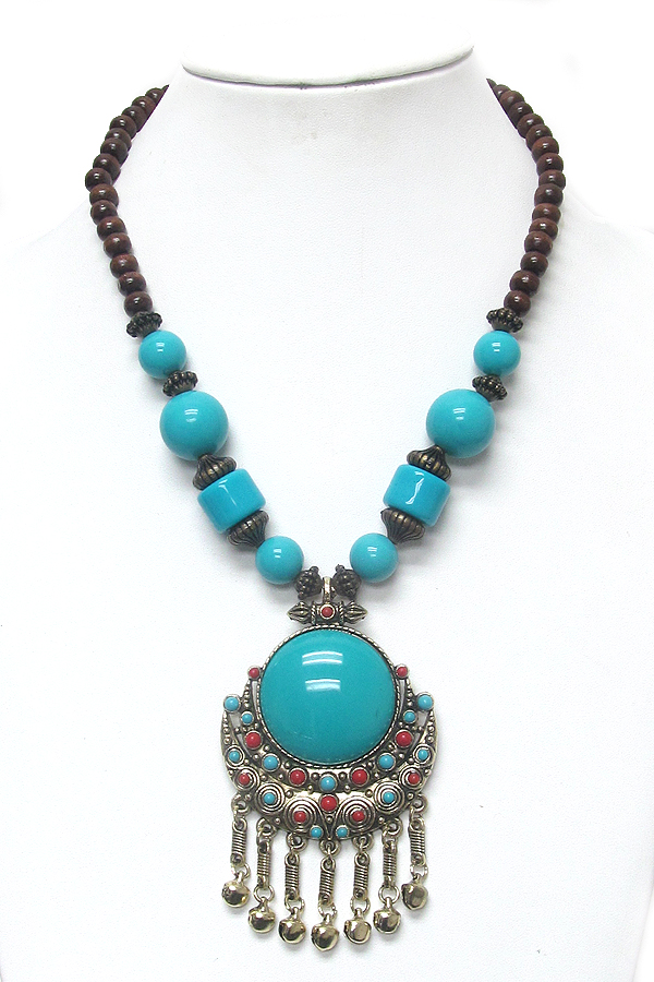 Tibetan silver center turquoise and bell drop chunky necklace