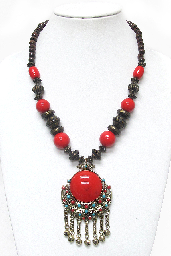 Tibetan silver center turquoise and bell drop chunky necklace