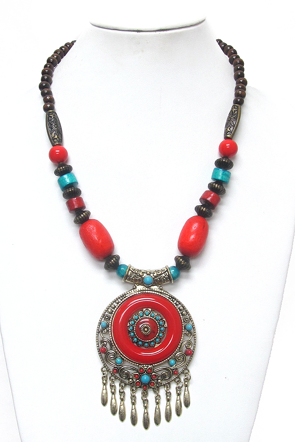 Tibetan silver filigree and turquoise center disk chunky necklace