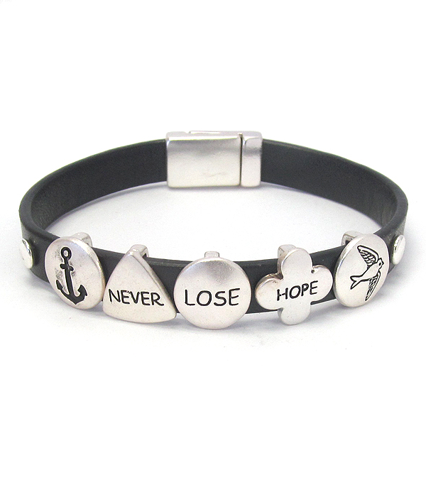 Religious inspiration leather magnetic bracelet - never lose hope
