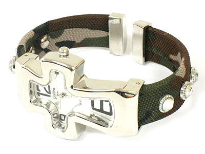 Cross face and crystal stud bangle watch