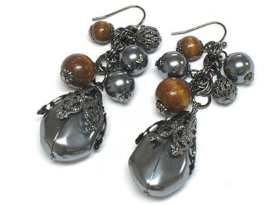 Casting metal deco tear drop and multi bead charms earring