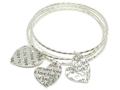 Message printed heart charm triple bangles