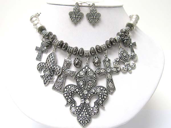 Multi crystal deco textured metal cross and fleur de lis dangle neckalce set